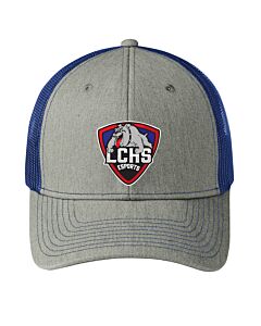 Port Authority® Snapback Trucker Cap - Embroidery - Las Cruces Esports Logo 1-Heather Grey/Patriot Blue